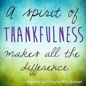 A spirit of thankfulness makes all the difference. Meme for Hope for Each Day by Billy Graham