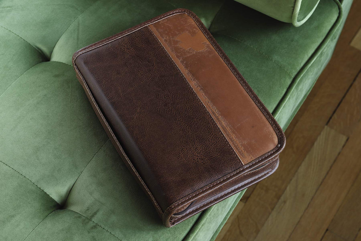 Rugged Cross Bible Cover for Men, Zippered, with Handle, Imitation Leather, Brown/Tan, Large