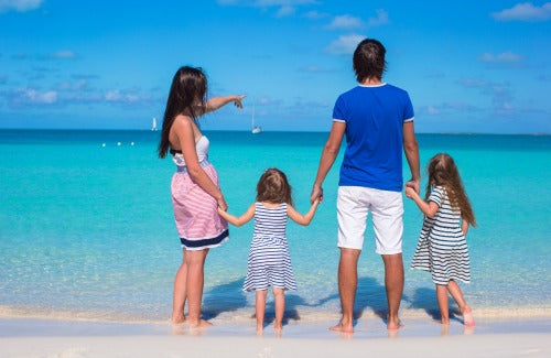 Back view of young family with two kids on vacation,Back view of young family with two kids on vacation