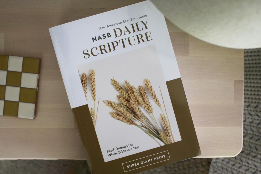 NASB, Daily Scripture, Super Giant Print, Paperback, White/Gold, 1995 Text, Comfort Print: 365 Days to Read Through the Whole Bible in a Year