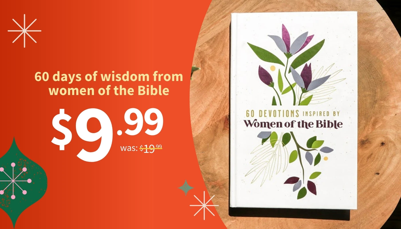 Book titled '60 Devotions Inspired by Women of the Bible' on a wooden surface with promotional text.