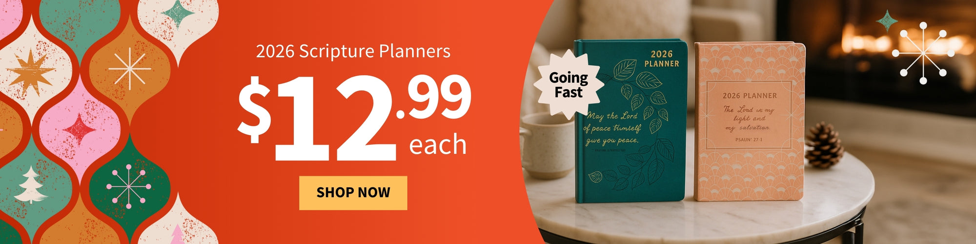 2026 Scripture Planners on a table with promotional text and price. $12.99 each - Shop Now