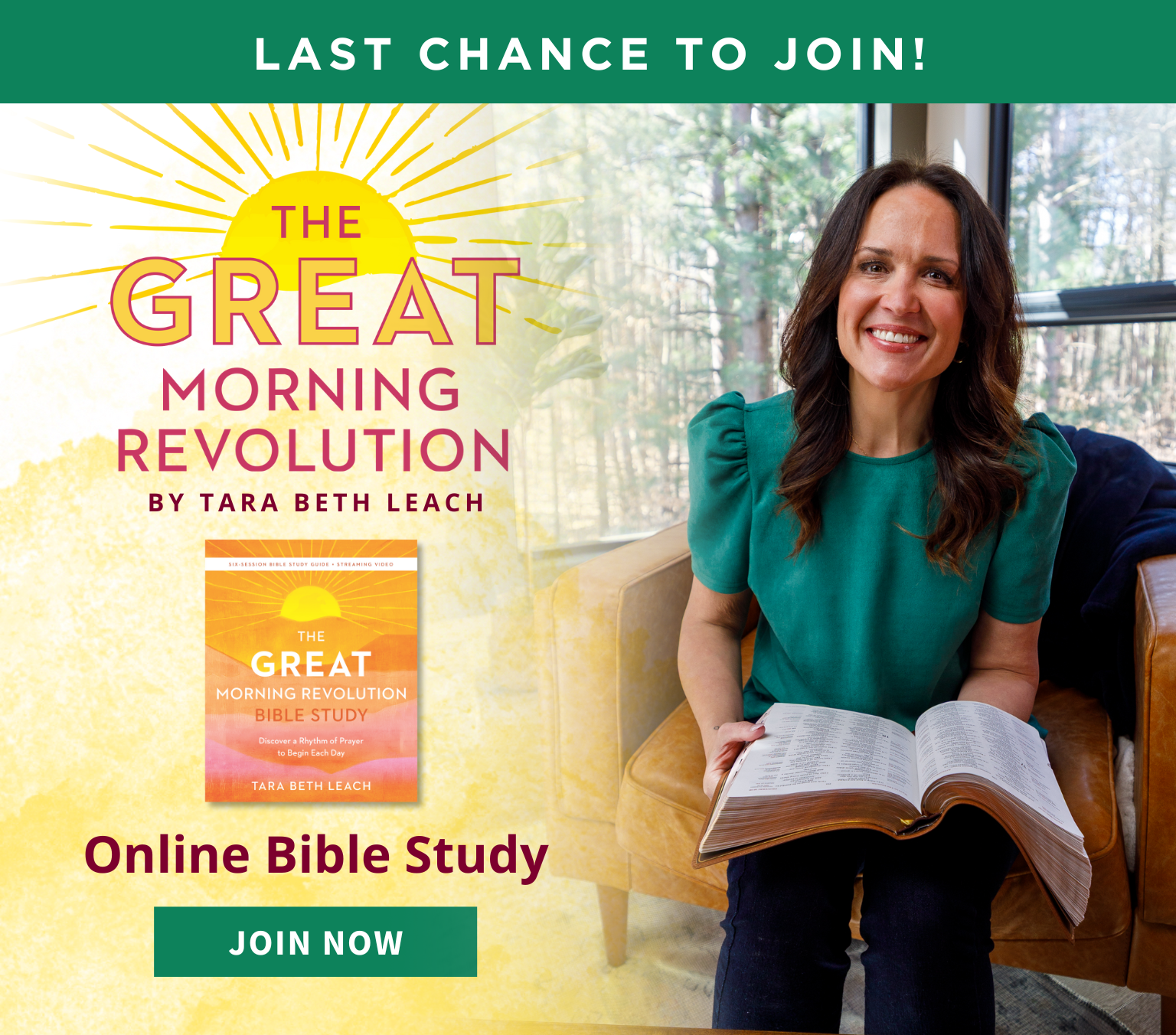Promotional banner for 'The Great Morning Revolution' with a woman sitting and text about a free online Bible study.