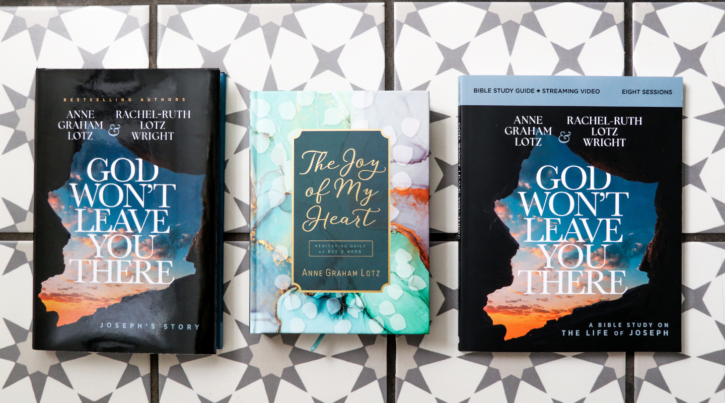 God Won't Leave You There Joseph's Story hardcover, The Joy of My Heart devotional, and God Won't Leave You There Bible Study Guide laid out together