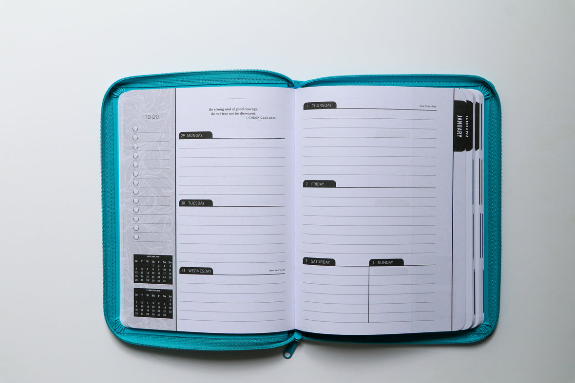 2026 NKJV 16-Month Scripture Planner, Zippered Leathersoft, Teal, May the Lord of Peace