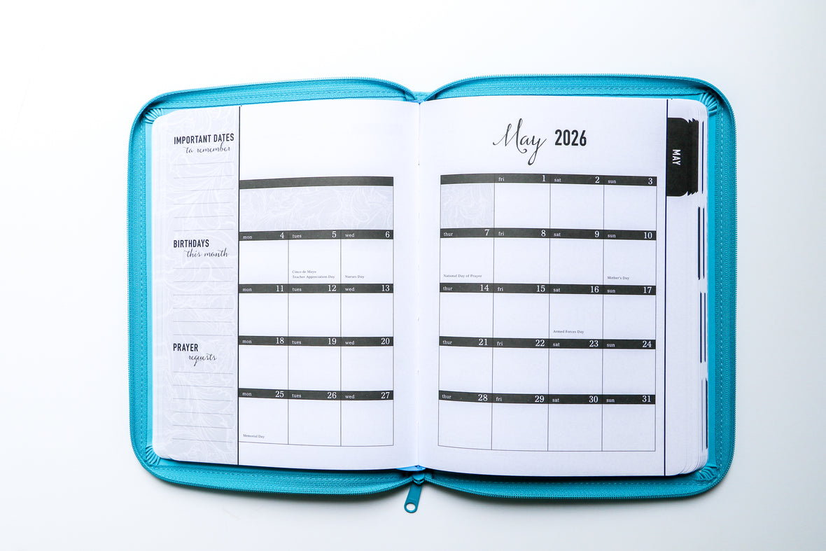 2026 NKJV 16-Month Scripture Planner, Zippered Leathersoft, Teal, May the Lord of Peace