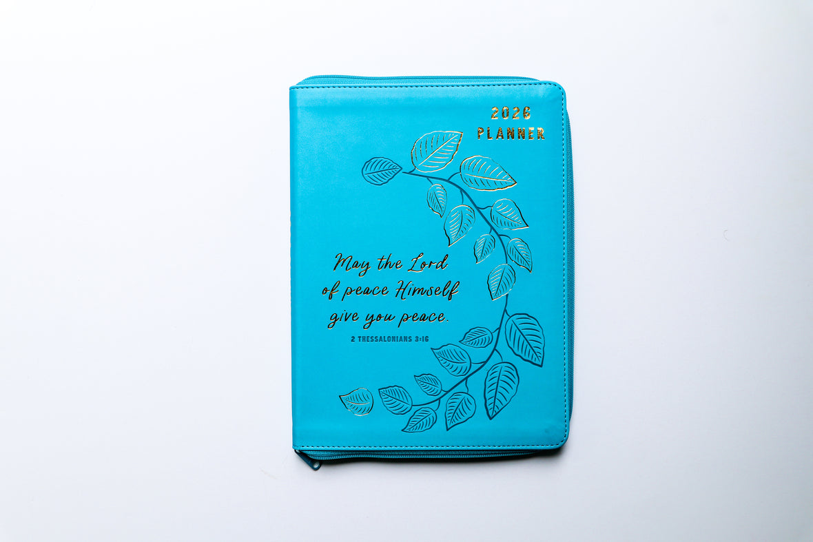 2026 NKJV 16-Month Scripture Planner, Zippered Leathersoft, Teal, May the Lord of Peace