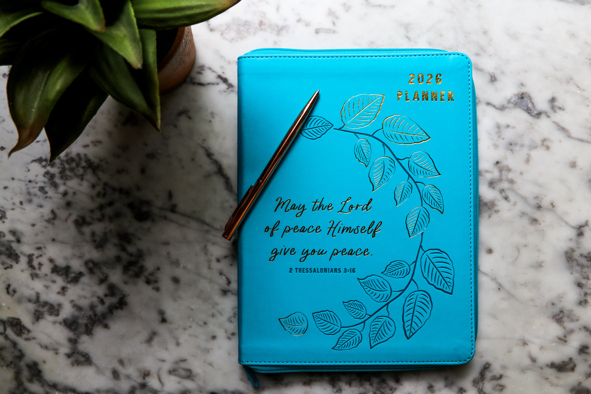 2026 NKJV 16-Month Scripture Planner, Zippered Leathersoft, Teal, May the Lord of Peace