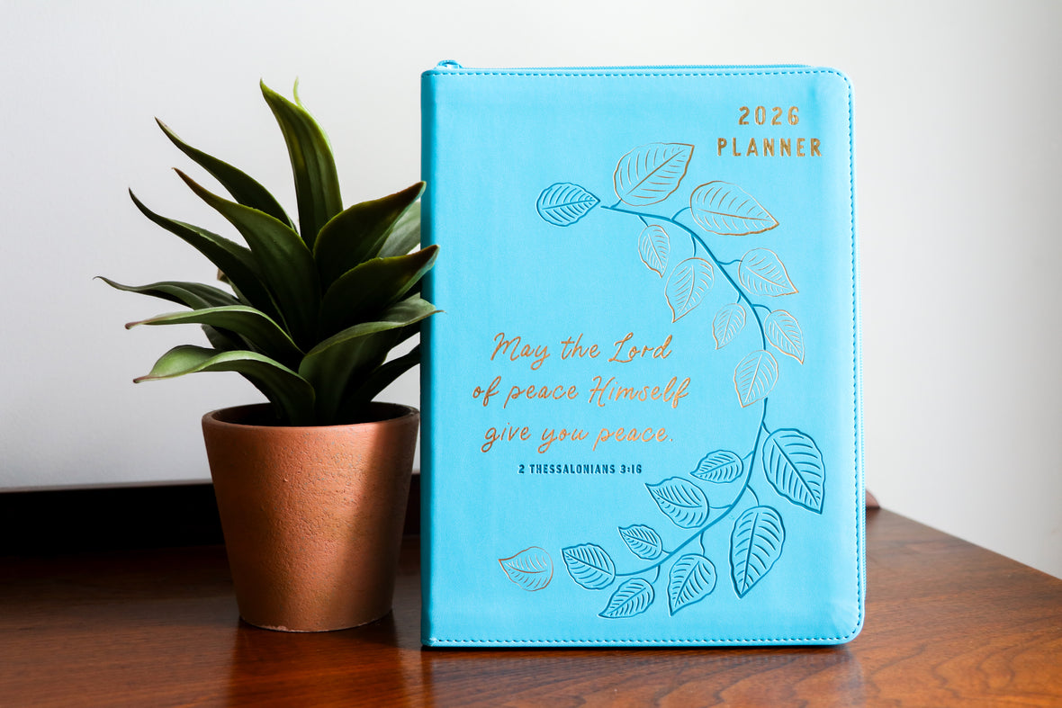 2026 NKJV 16-Month Scripture Planner, Zippered Leathersoft, Teal, May the Lord of Peace