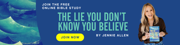 Promotional banner for a free online Bible study with a woman holding a book titled 'The Lie You Don't Know You Believe' by Jennie Allen.