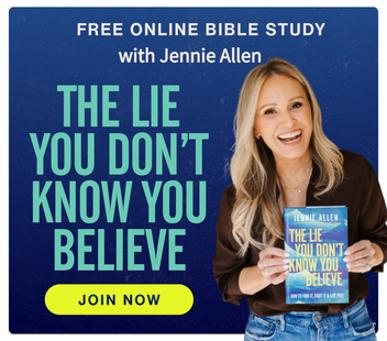 Advertisement for a free online Bible study with a woman holding a book against a blue background. Join the Free Online Bible Study - The Lie You Don't Know You Believe by Jennie Allen - Join Now