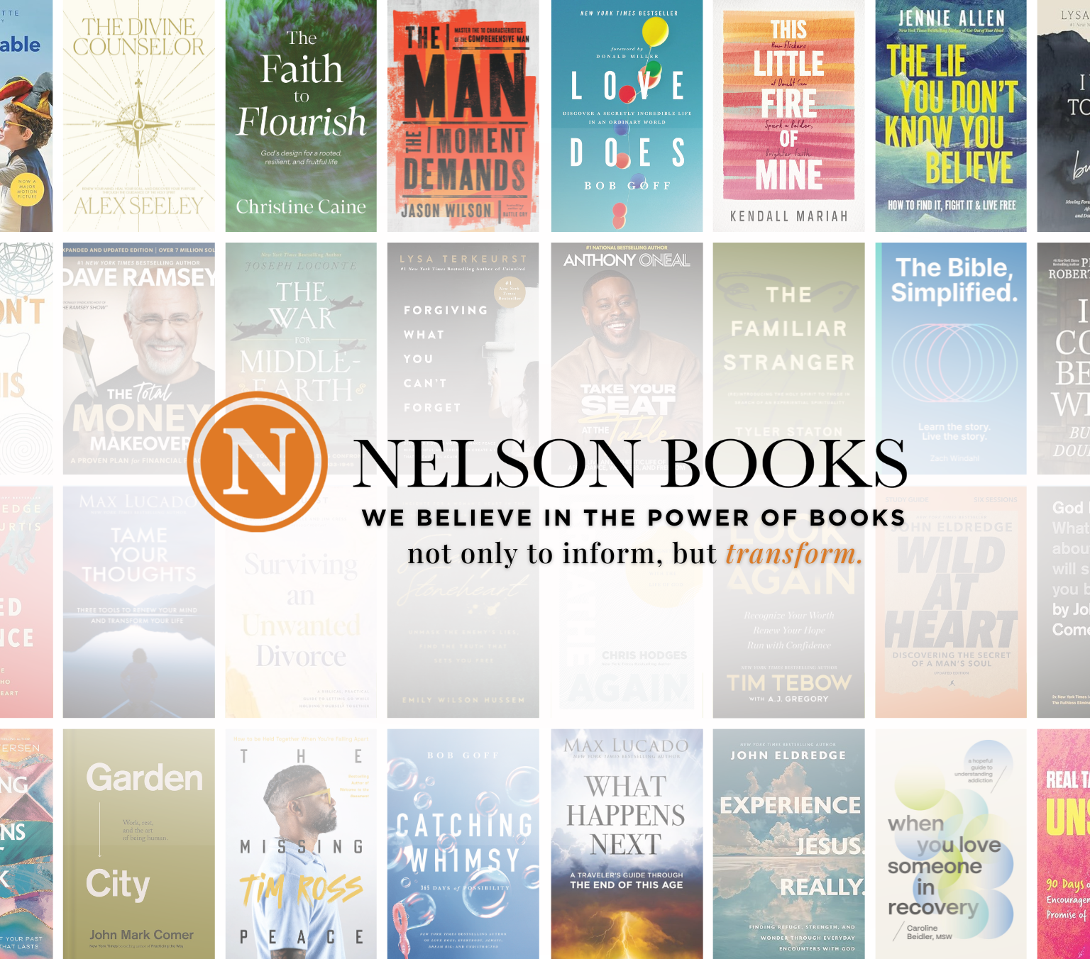 Promotional banner for Nelson Books with various book covers displayed. Nelson Books - We Believe in the Power of Books - not only to inform, but transform