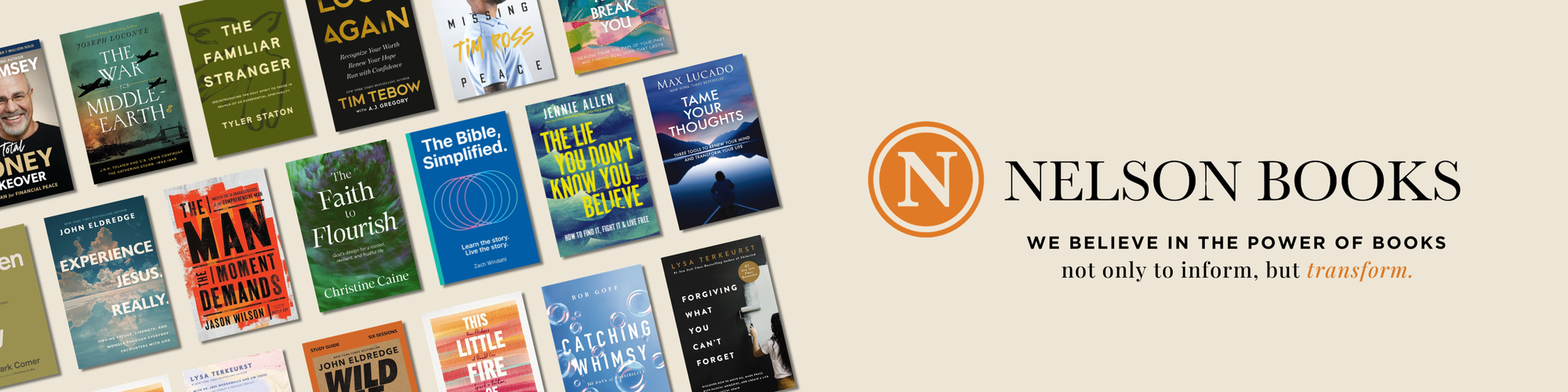 Promotional banner for Nelson Books with various book covers displayed. Nelson Books - We Believe in the Power of Books - not only to inform, but transform