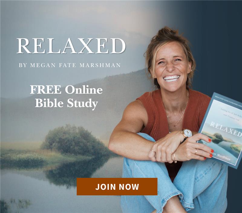 Woman holding a book titled 'Relaxed' by Megan Fate Marshman with a scenic background