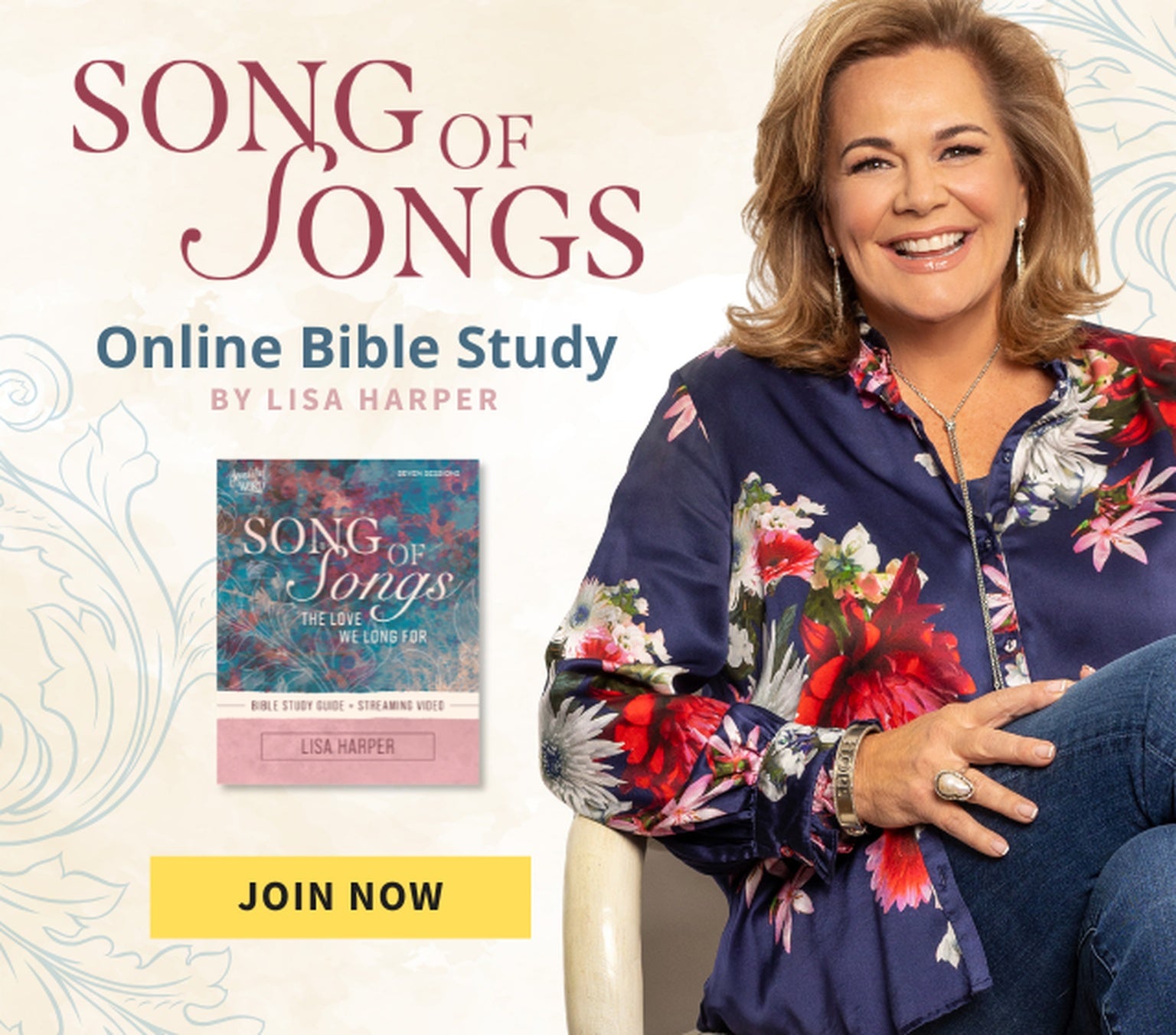 Promotional graphic for the 'Song of Songs' Online Bible Study by Lisa Harper. The left side features the title in elegant maroon and blue lettering, a small preview of the book cover, and a yellow 'JOIN NOW' button.
