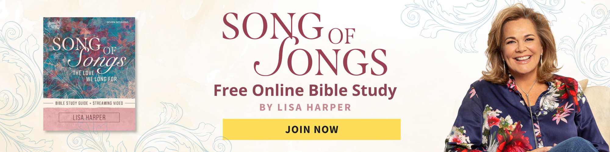 Promotional banner for the 'Song of Songs' free online Bible study by Lisa Harper, featuring a book cover, the title in elegant typography, and a smiling woman on the right with a yellow 'JOIN NOW' button.