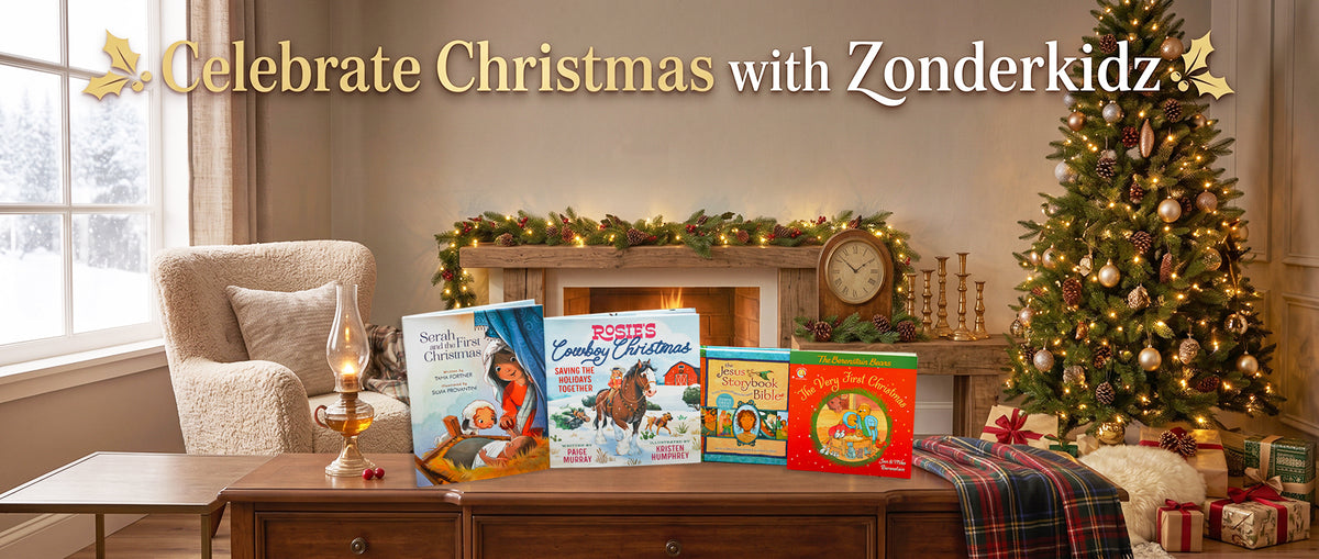 Three children's holiday books displayed on a wooden table in a cozy Christmas living room setting, with a decorated Christmas tree, armchair, and warm holiday decorations in the background. The title banner at the top reads 'Celebrate Christmas with Zonderkidz'.