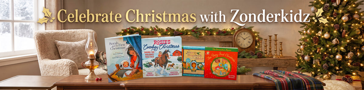Three children's holiday books displayed on a wooden table in a cozy Christmas living room setting, with a decorated Christmas tree, armchair, and warm holiday decorations in the background. The title banner at the top reads 'Celebrate Christmas with Zonderkidz'.