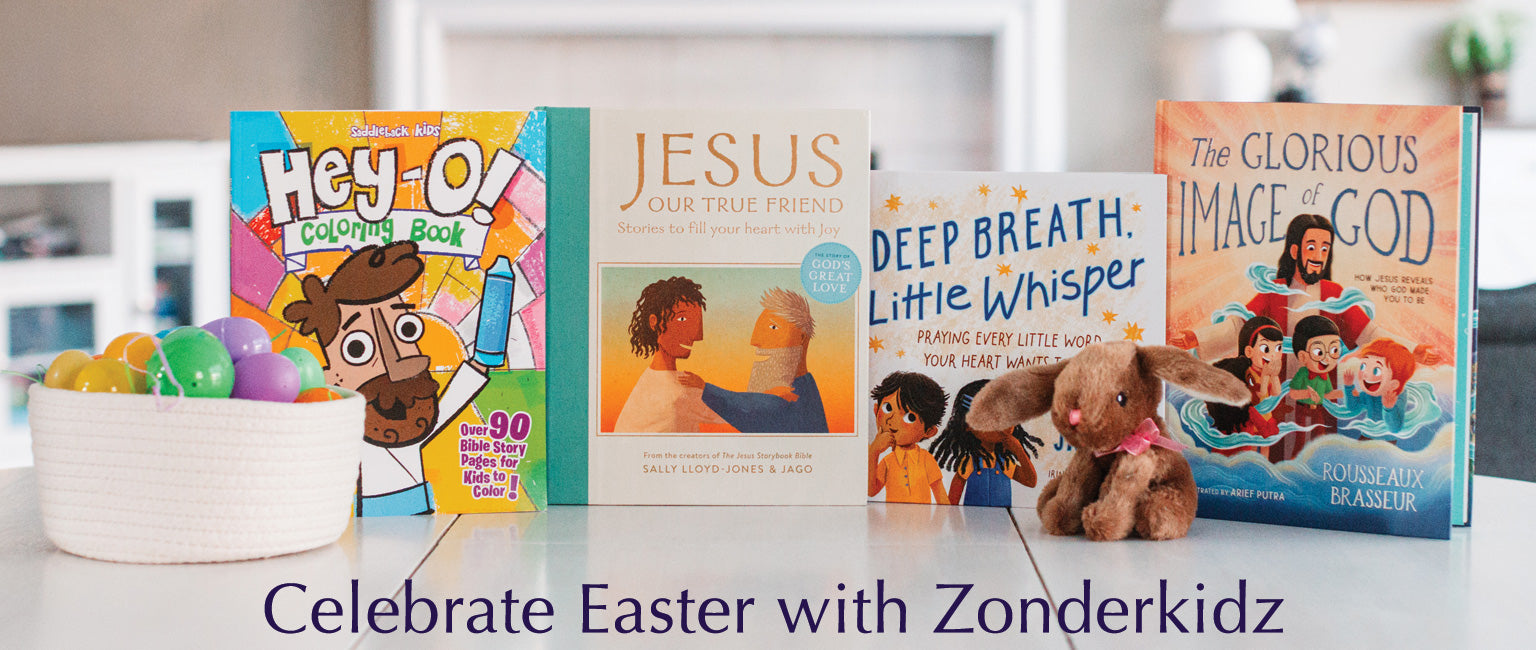 Children's books and a teddy bear on a table with a 'Celebrate Easter with Zondervan' text overlay.