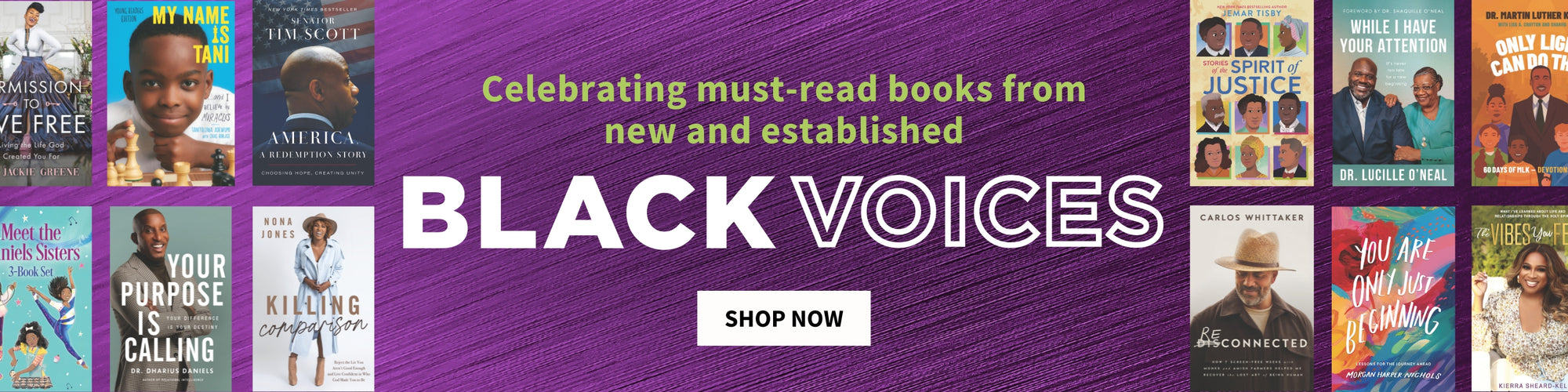 Promotional banner celebrating must-read books from Black voices with a call to action to shop now.