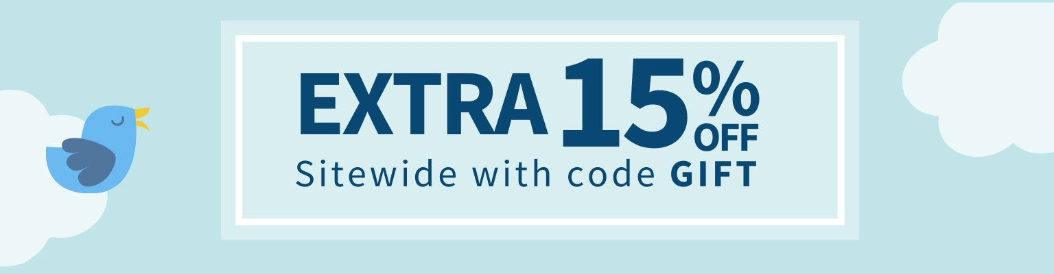 Promotional banner with 'Extra 15% Off sitewide with code GIFT' text and flowers on a light blue background