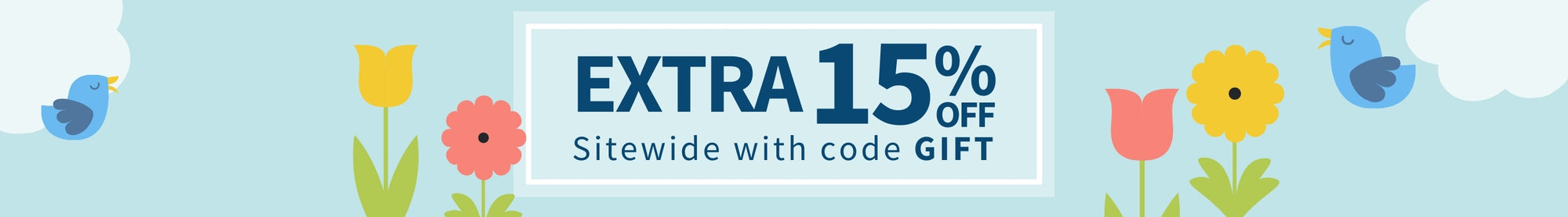 Promotional banner with 'Extra 15% Off sitewide with code GIFT' text and flowers on a light blue background