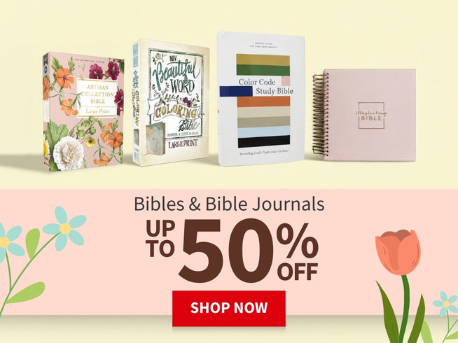 Bibles and Bible journals with a promotional banner offering up to 50% off, on a light yellow background with floral elements.