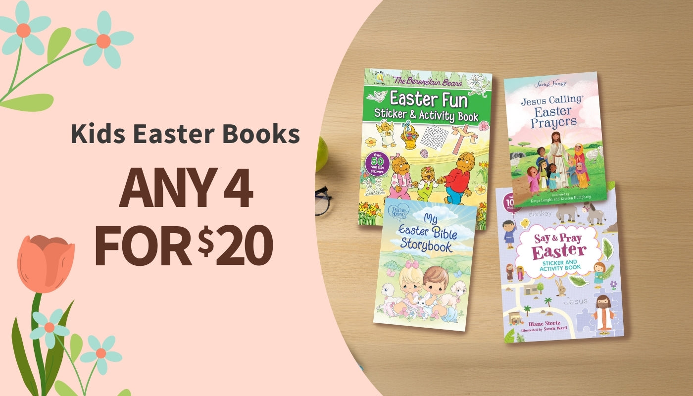 Three children's Easter books on a wooden surface with promotional text on a pink background.