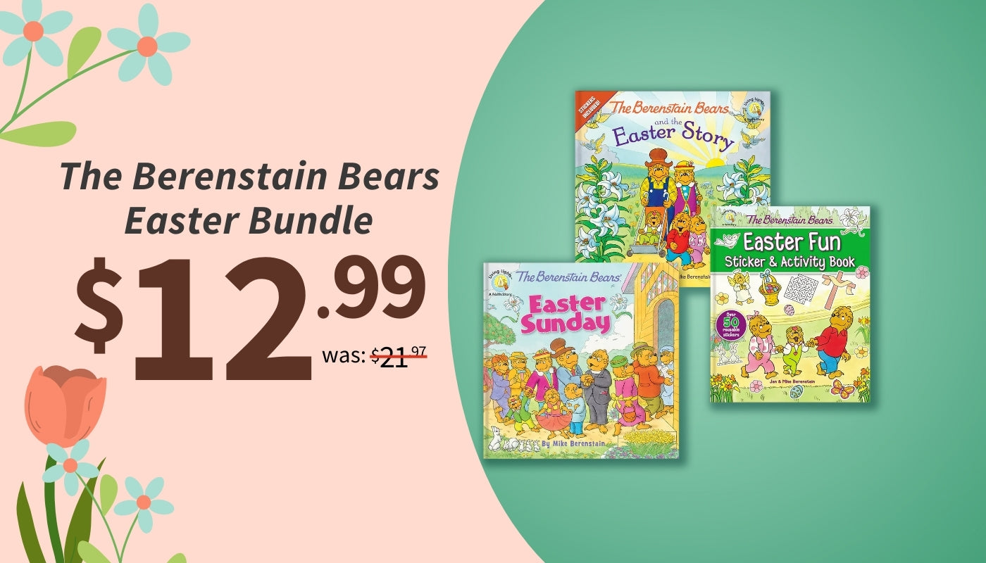 The Berenstain Bears Easter Bundle with books and a sticker & activity book on a pink and green background.