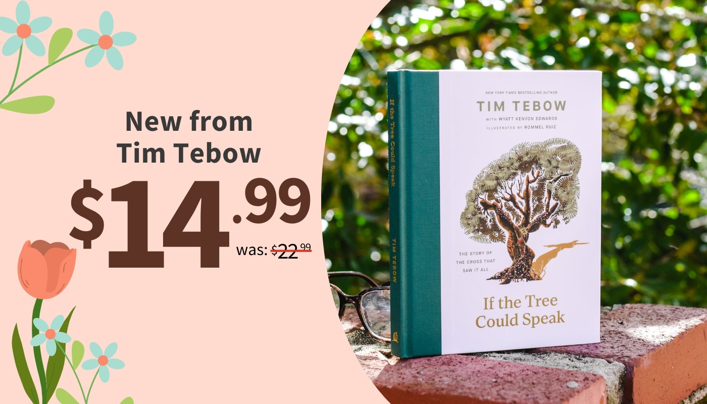Book titled 'If the Tree Could Speak' by Tim Tebow with a price tag on a natural background