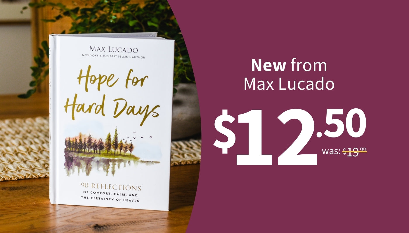 Book titled 'Hope for Hard Days' by Max Lucado with a price tag on a wooden surface.
