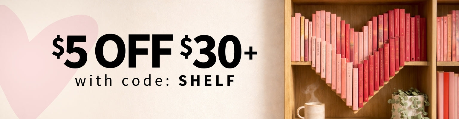 Promotional banner with heart-shaped bookshelf and discount offer on a beige background. $5 off $30+ with code: SHELF