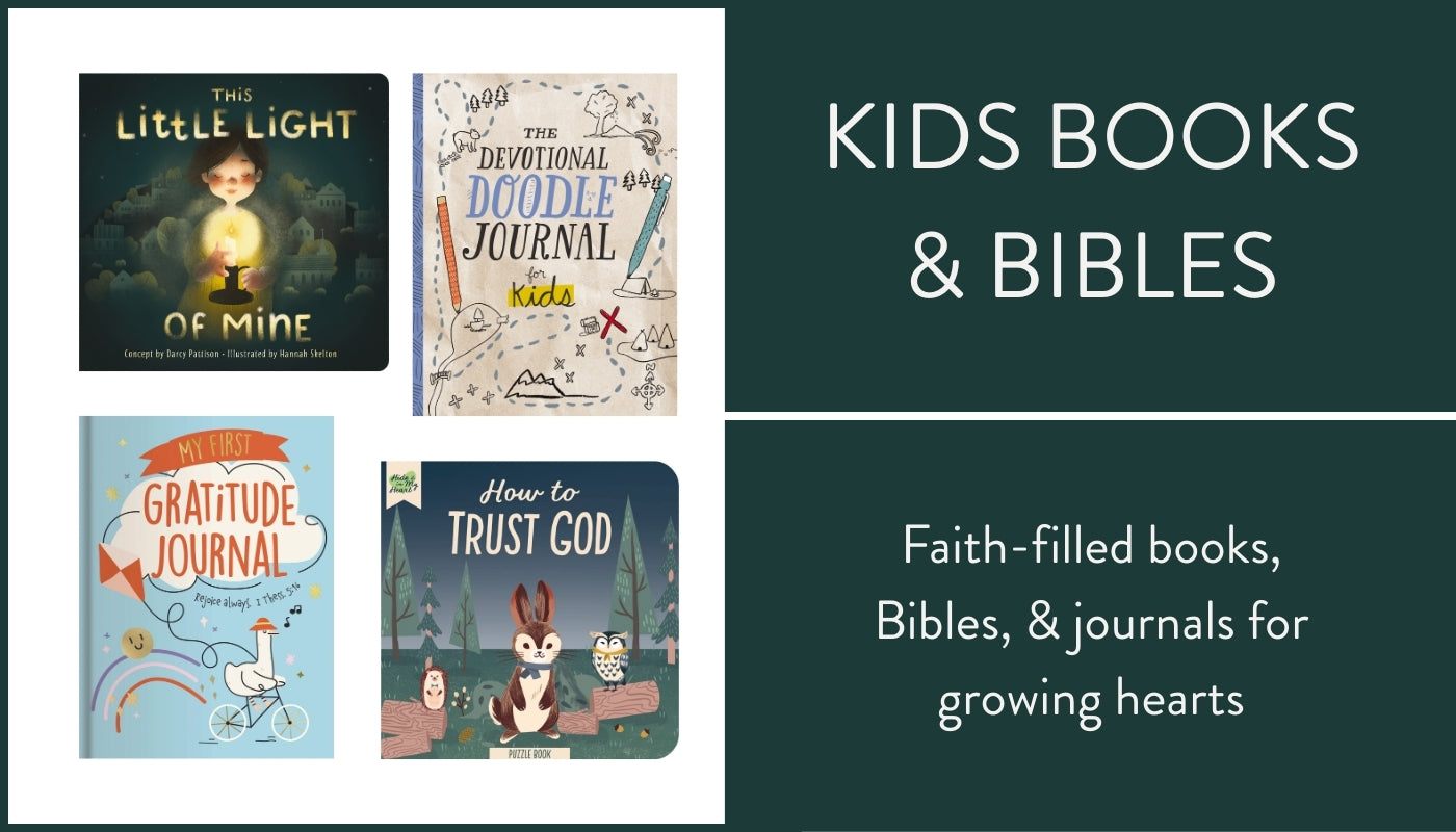 Promotional image of faith-filled books, Bibles, and journals for growing hearts with book covers displayed. Faith-filled books, Bibles, and journals for growing hearts.
