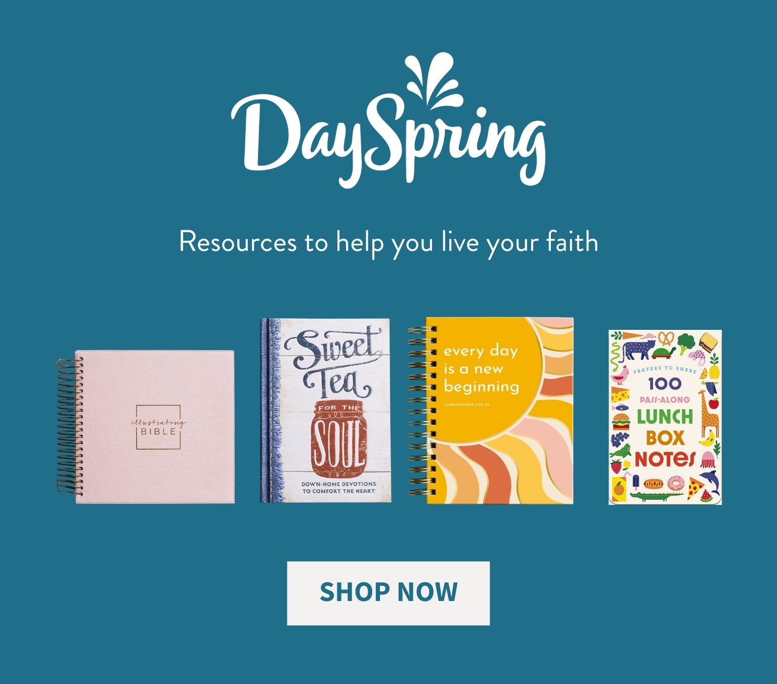DaySpring product display with various books on a blue background. DaySpring Resources to help you live your faith - Shop Now