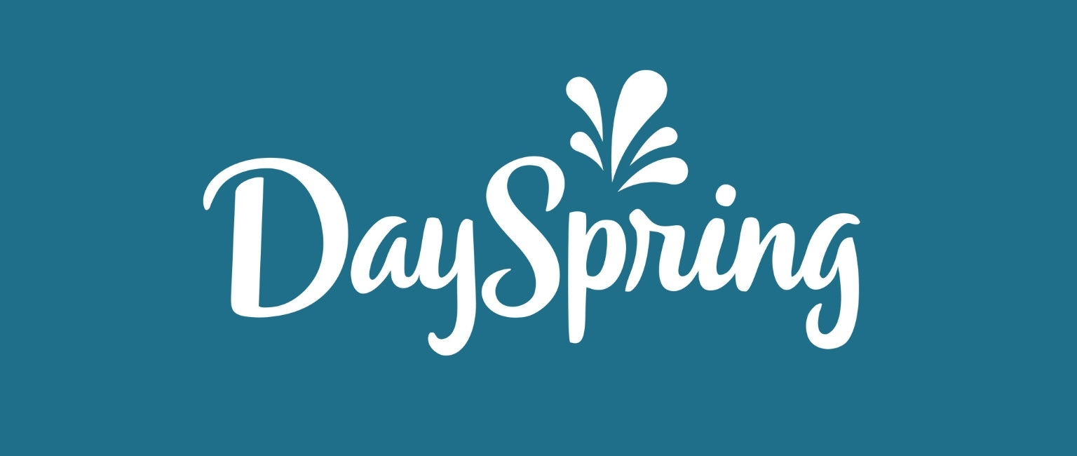 DaySpring logo in white on a blue background