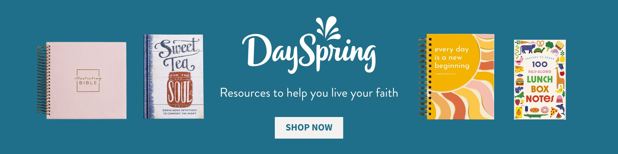 DaySpring product display with various books on a blue background. DaySpring Resources to help you live your faith - Shop Now
