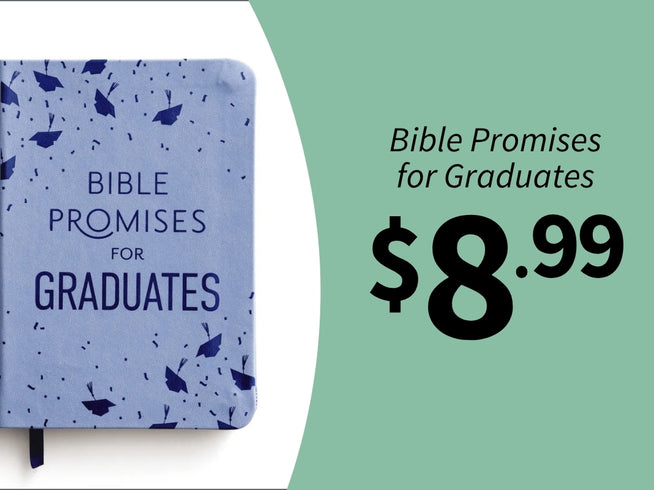 Blue notebook titled 'Bible Promises for Graduates' with a price tag on a light green background with the price $8.99