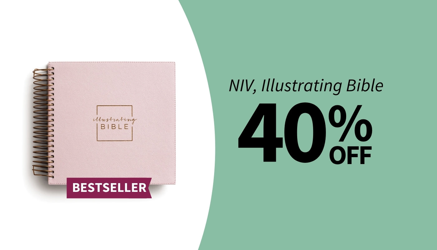 Pink Bible with 'NIV, Illustrating Bible' text on a green background with promotional text.