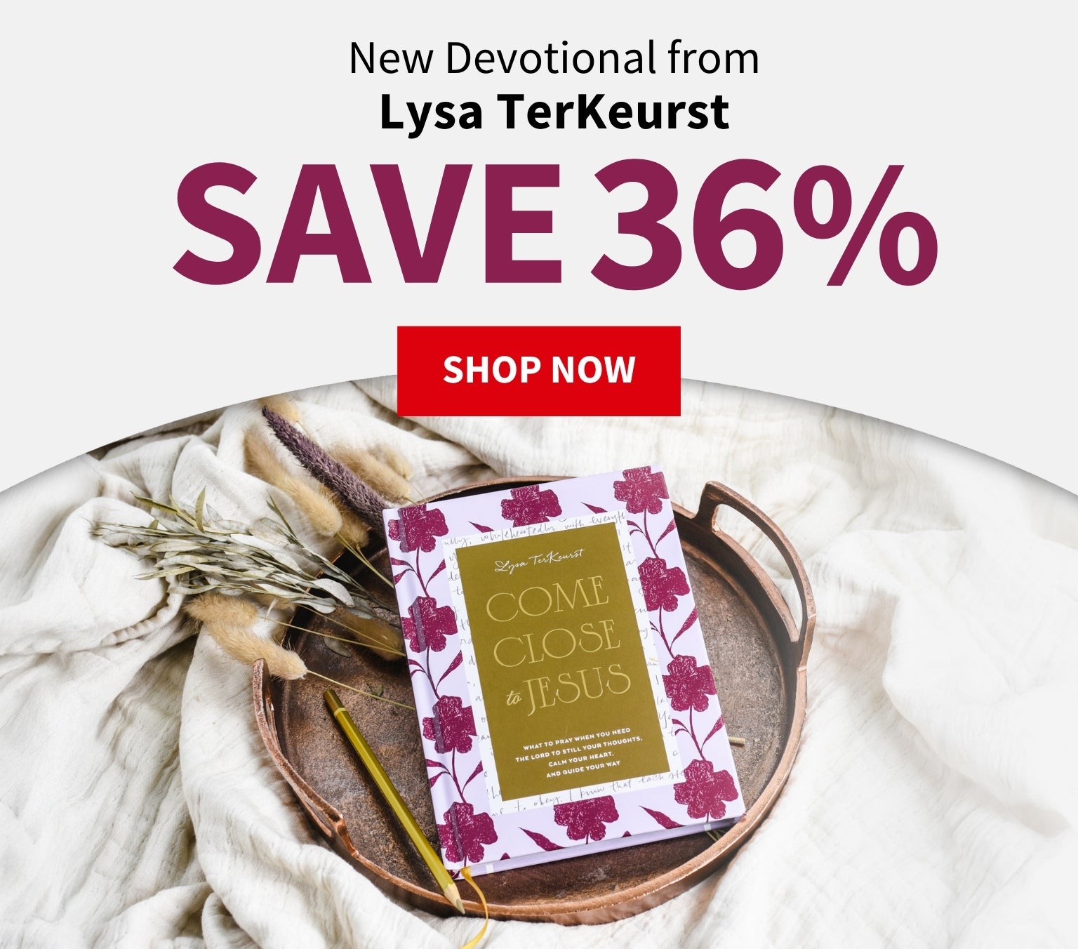 Promotional banner for a new devotional from Lysa TerKeurst with a discount offer. Save 36% - Shop Now
