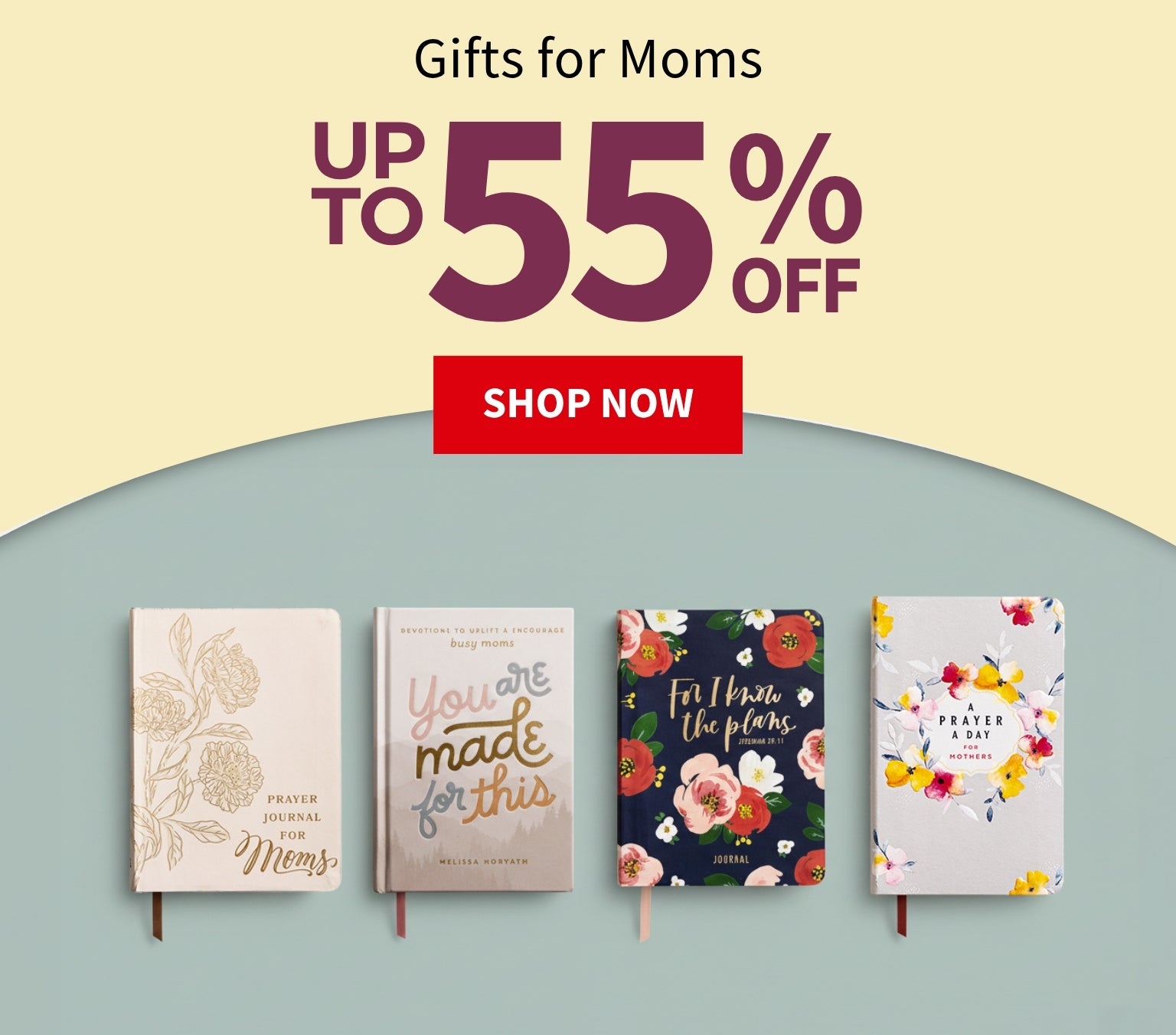 Promotional banner for gifts for moms with notebooks and a 'Shop Now' button on a light blue background. Gifts for Moms up to 55% off - Shop Now