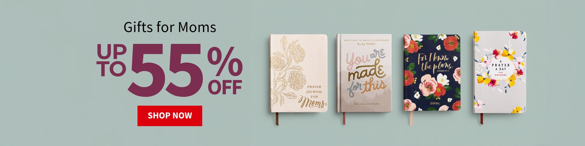 Promotional banner for gifts for moms with notebooks and a 'Shop Now' button on a light blue background. Gifts for Moms up to 55% off - Shop Now