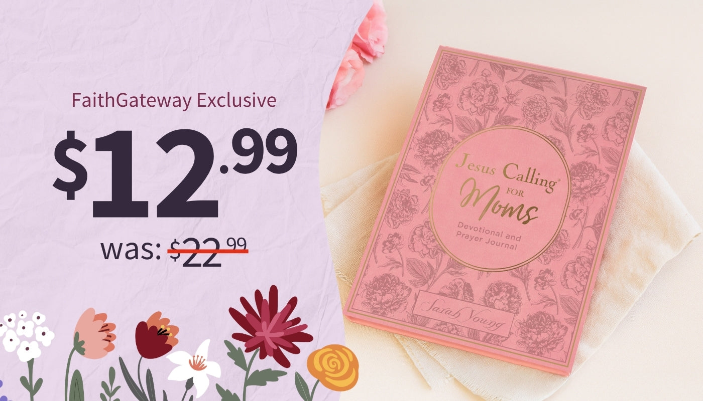 Pink book titled 'The Calling for Moms' with floral design on a light purple background, featuring a discount offer.