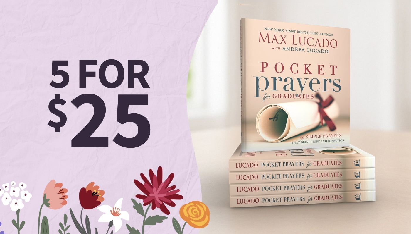 Max Lucado's 'Pocket Prayers for Graduates' book with promotional text on a light background - 5 for $25