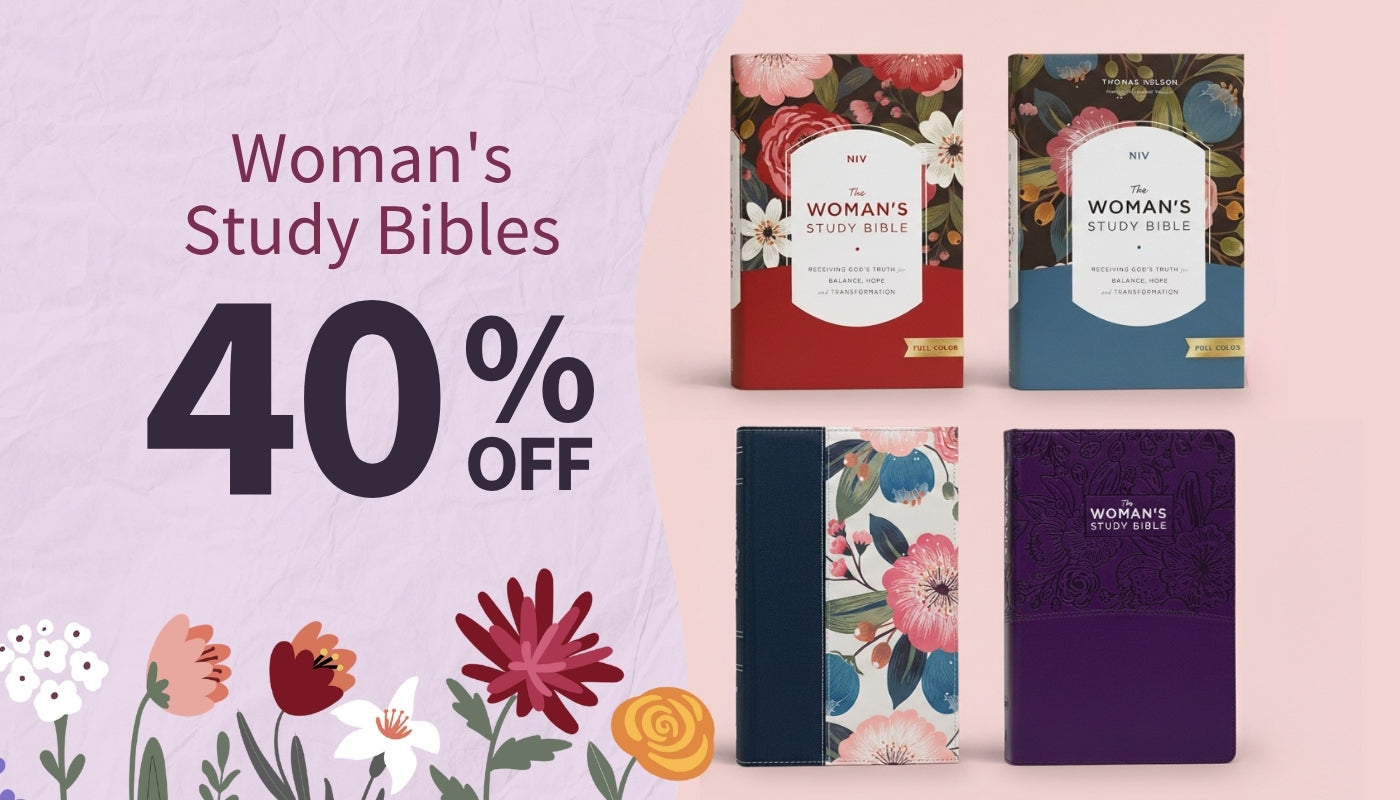 Woman's Study Bibles with floral designs on a light purple background, featuring a 40% off discount.