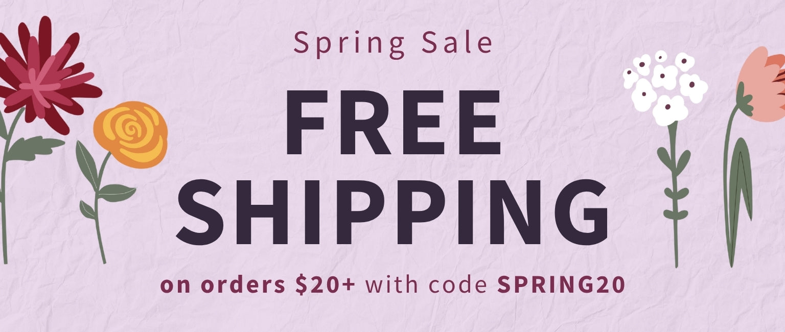 Spring sale banner with flowers and free shipping offer on a light purple background