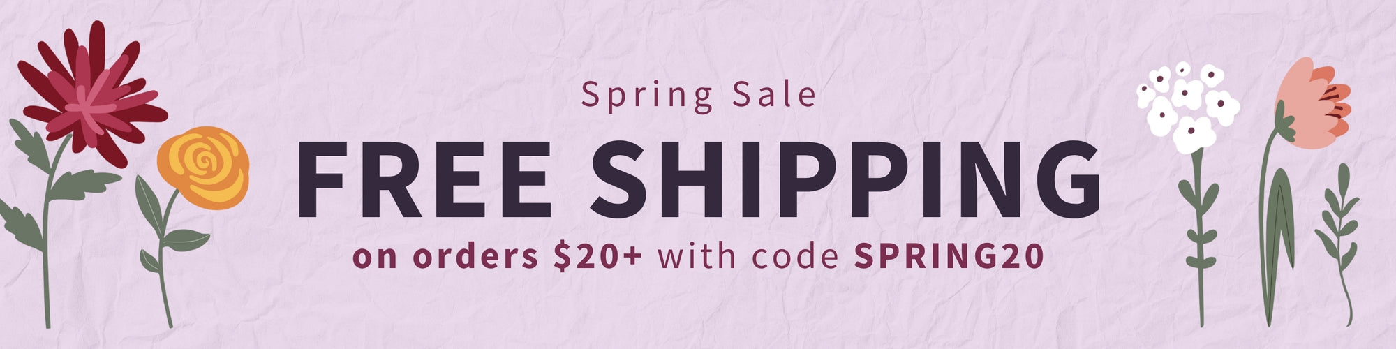 Spring sale banner with free shipping offer on a light purple background with floral elements.