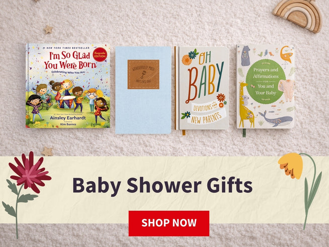 Four baby books on a textured surface with a 'Baby Shower Gifts' banner and 'Shop Now' button.