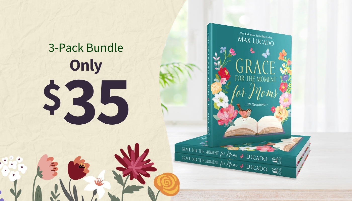 Book titled 'Grace for the Moment for Moms' by Max Lucado with a 3-pack bundle offer on a decorative background.