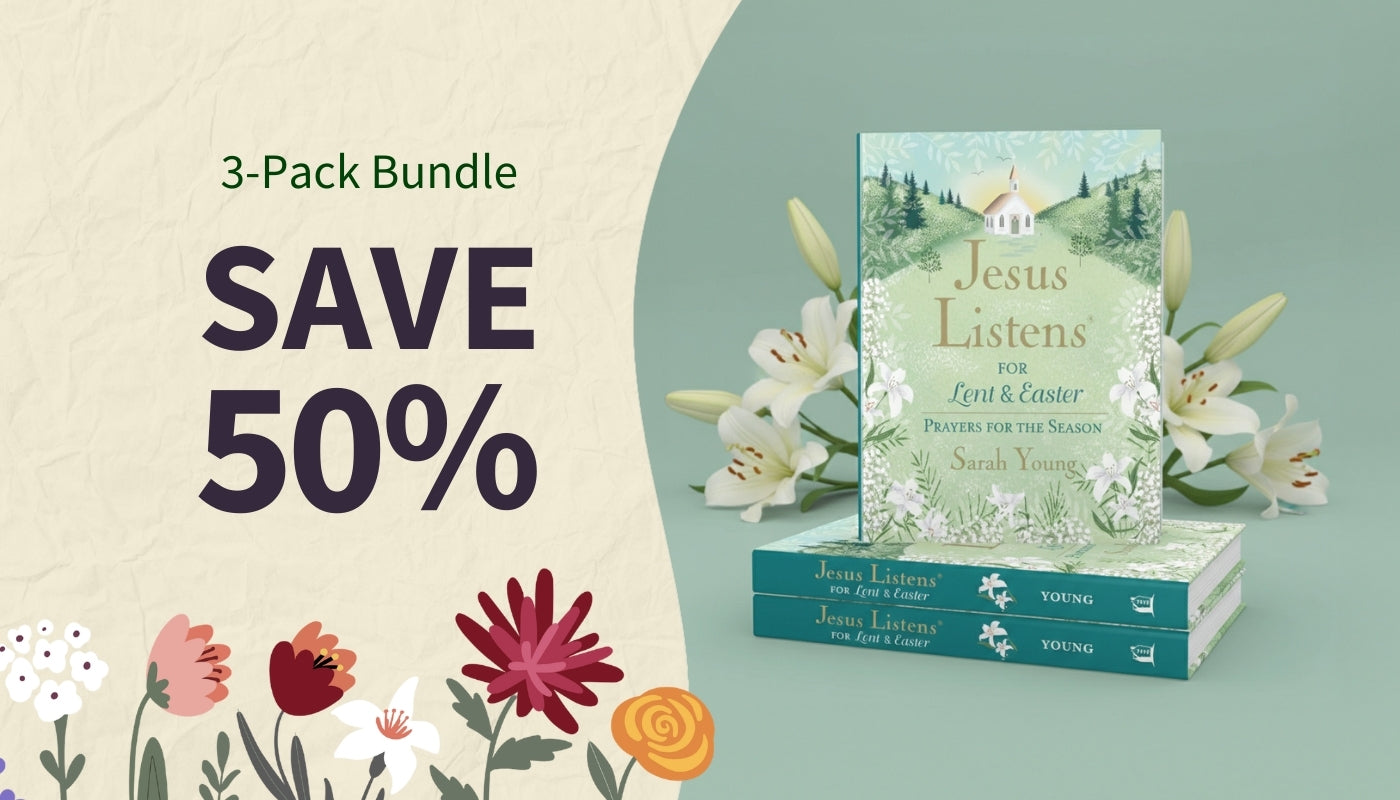 Book bundle with flowers on a green background, featuring a 50% off sale.