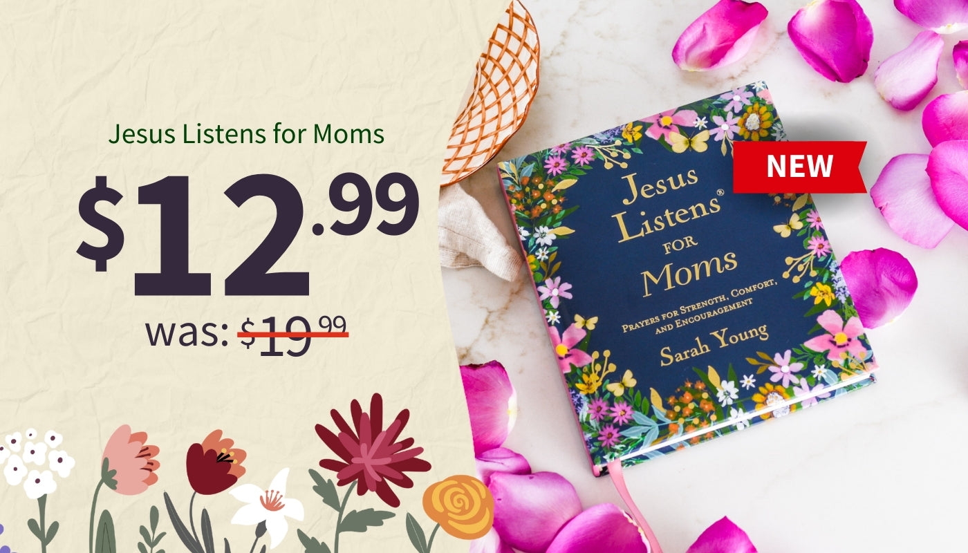 Book titled 'Jesus Listens for Moms' by Sarah Young with floral design and price tag on a decorative background.
